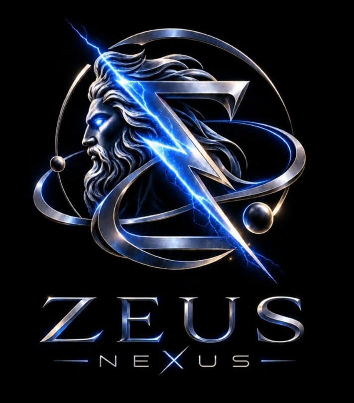 Logotipo completo de Zeus Nexus, con figura de Zeus, rayo eléctrico azul y nombre corporativo